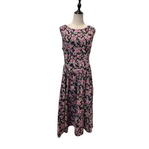 Vtg 90s Floral Midi Dress Black Pink Basque Waist Sz 13/14 Cotton Soft Grunge